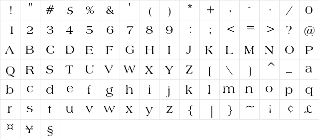 Americana Regular  glyph index