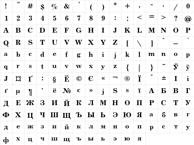UkrainianJournal Bold  glyph index