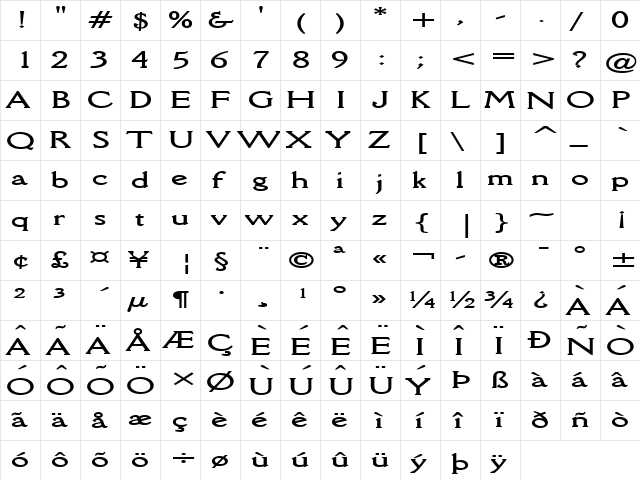 Rory Extended Bold  glyph index