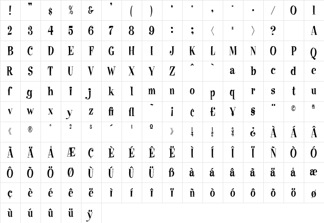 RaskinCondensed Regular  glyph index