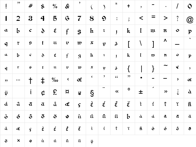 Zypresse Regular  glyph index
