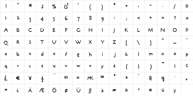 BrushPenMK-Medium Regular  glyph index