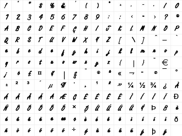 Encino Bold  glyph index