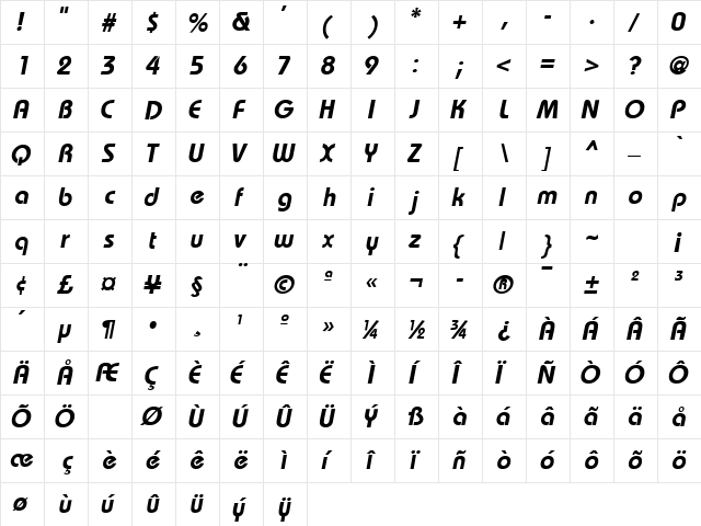 MumboSSK Bold Italic  glyph index