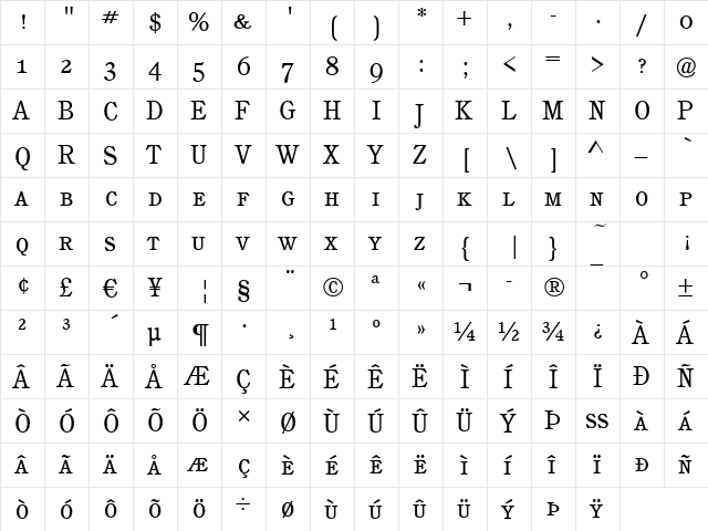 Calgary-Caps Regular  glyph index