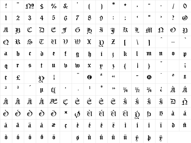 SabbathBlackHeavy Regular  glyph index