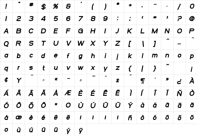 SF Arborcrest Heavy Oblique  glyph index