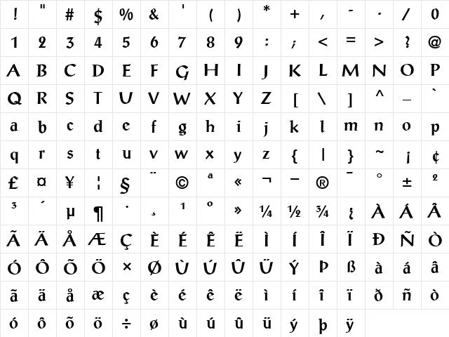 PostAntiqua Regular  glyph index