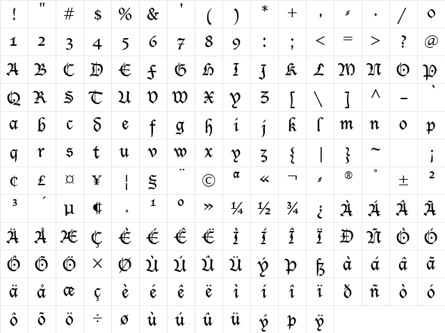 Lucida Blackletter Regular  glyph index