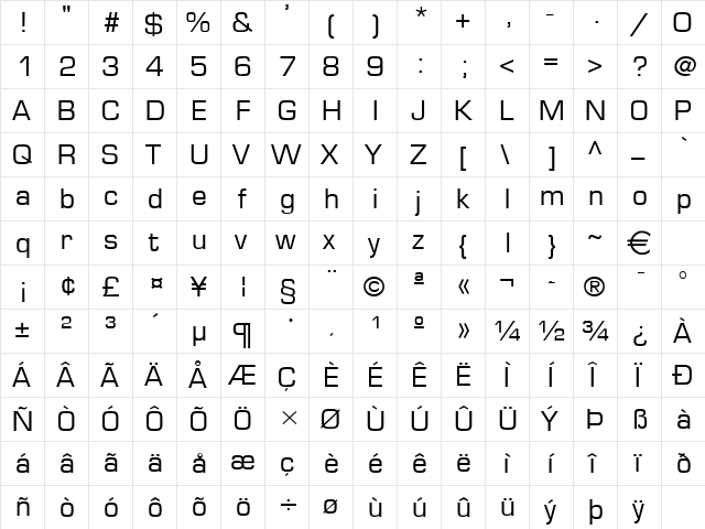 EurasiaWide Normal  glyph index