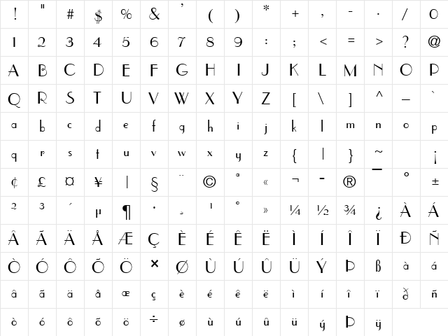 Parisien Normal  glyph index