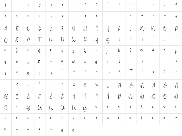 Singaparna Script Regular  glyph index