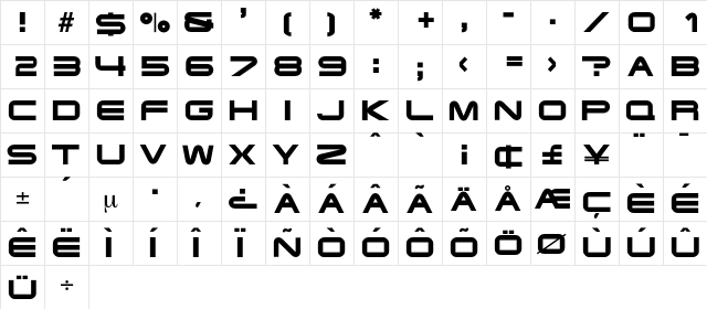 Jeepjeep Regular  glyph index
