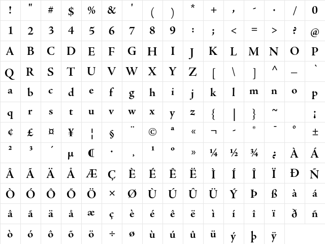 Adobe Jenson Pro Bold Subhead  glyph index