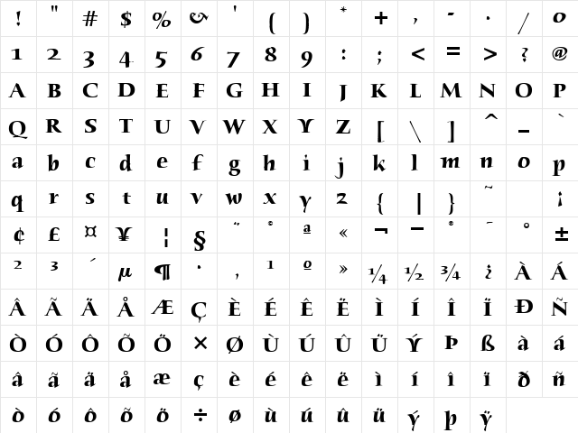 Humana Serif ITC TT Bold  glyph index