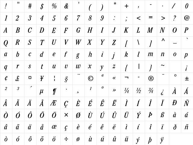 ITC Cheltenham Std Book Condensed Italic  glyph index