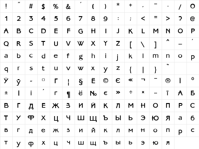 AmbassadoreType Regular  glyph index