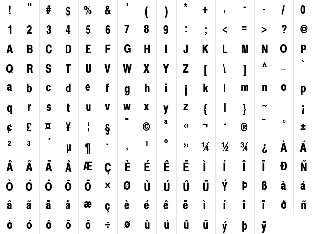 Xerox Sans Serif Narrow Bold  glyph index