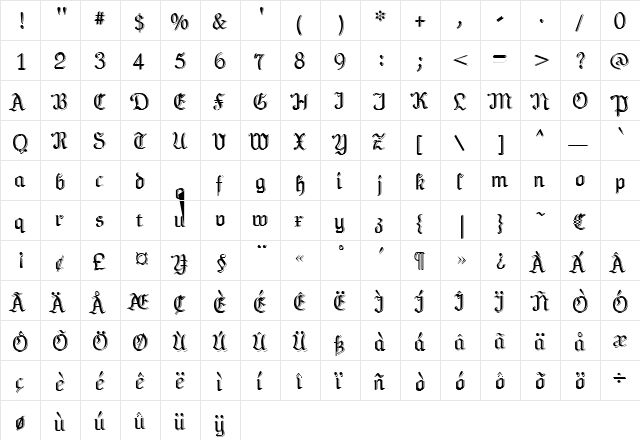 Teutonia Regular  glyph index