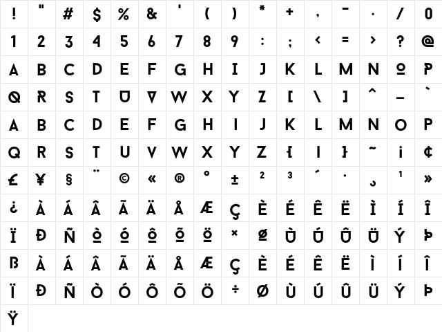 Baron Neue Bold  glyph index