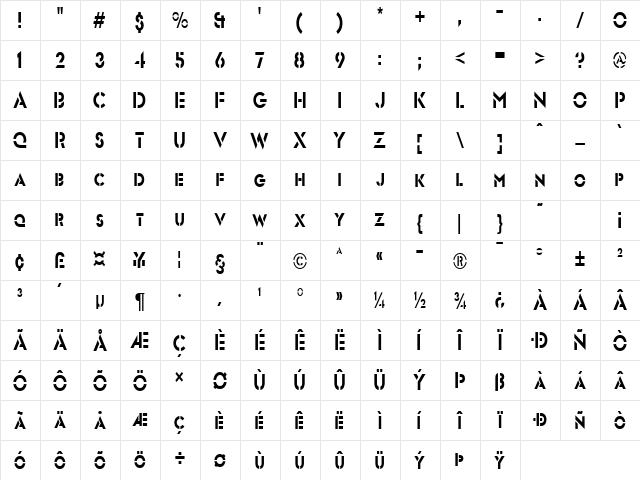 Stencil SansCondensed Normal  glyph index