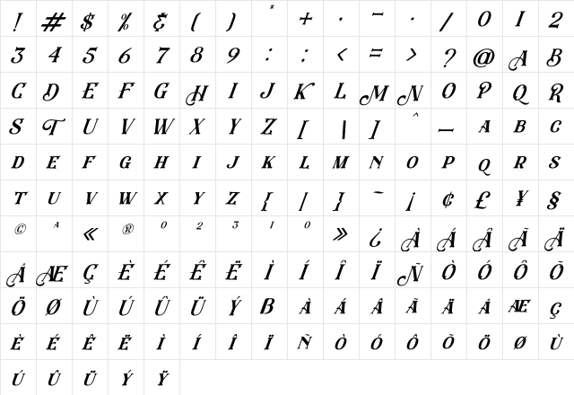 Eastwood Italic  glyph index