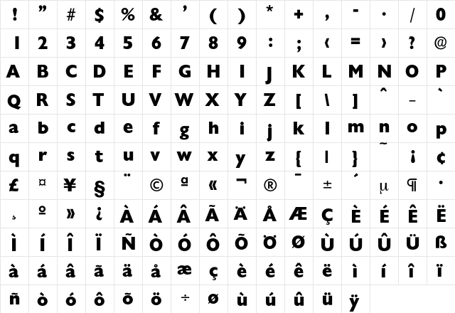 Chantilly-ExtraBold Regular  glyph index
