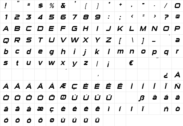 Sui Generis Italic  glyph index