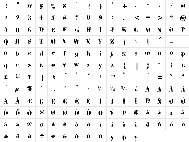 BodoniBrush ITC Regular  glyph index