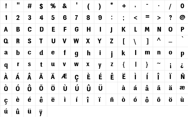 InkberryCondensedBoldHMK Regular  glyph index
