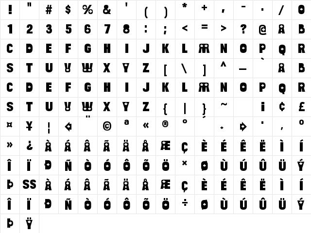 Bulltoad Canada Regular  glyph index