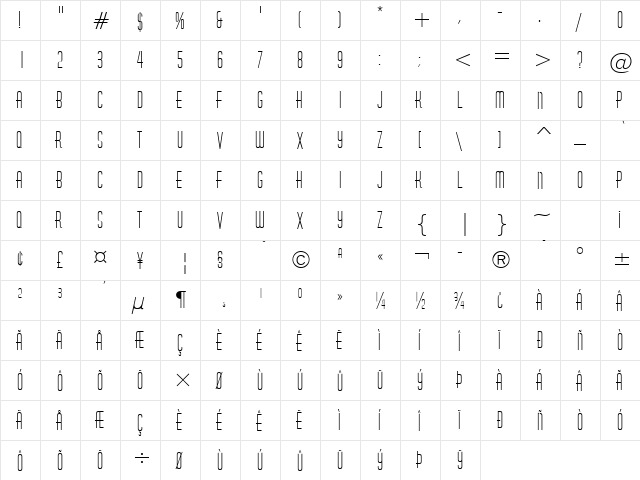 Joe 16 Regular  glyph index