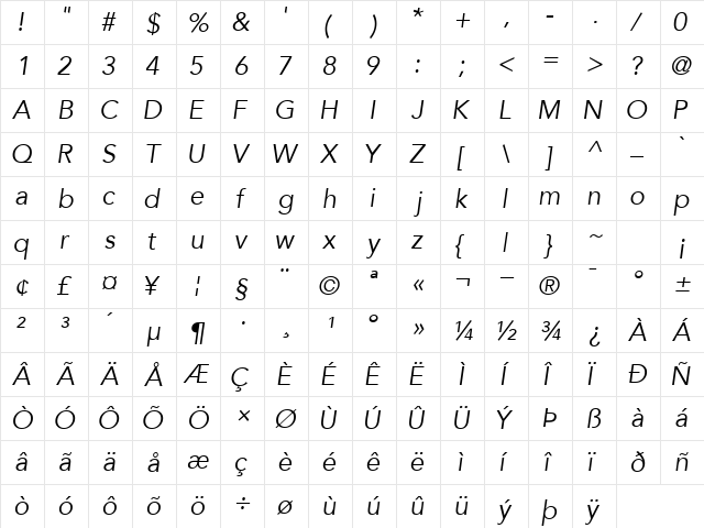 ExpoBookSSK Italic  glyph index