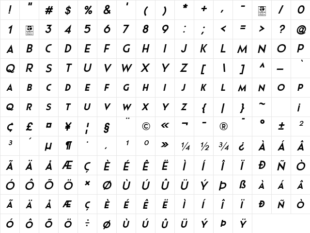 Pages Grotesque Demo Bold Italic  glyph index