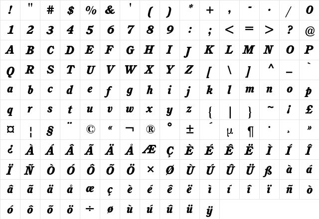 Cushing BQ Regular  glyph index
