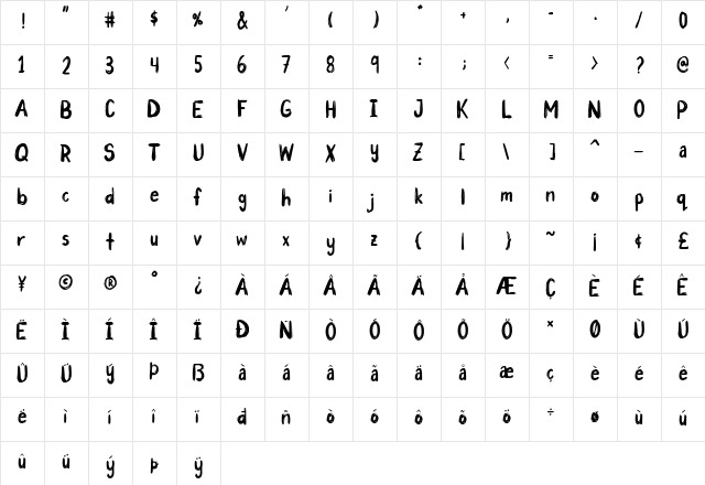 Trash Panda Regular  glyph index