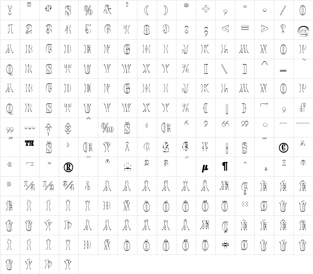 a_CalyxOtl Regular  glyph index