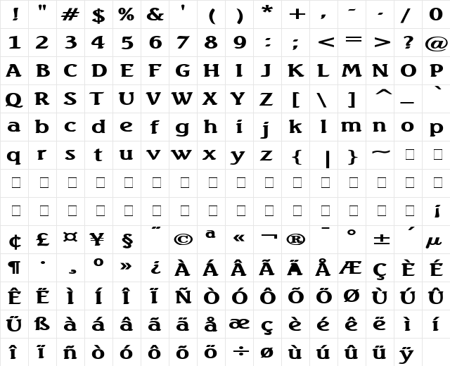 Beach Extended Bold  glyph index