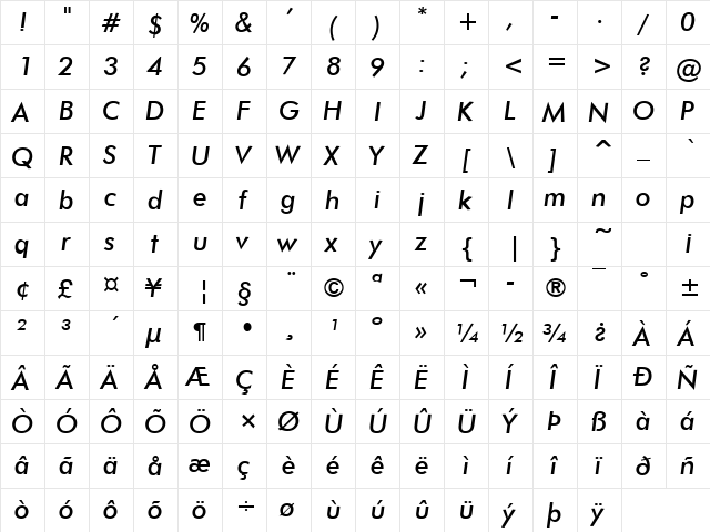 Futuri Italic  glyph index