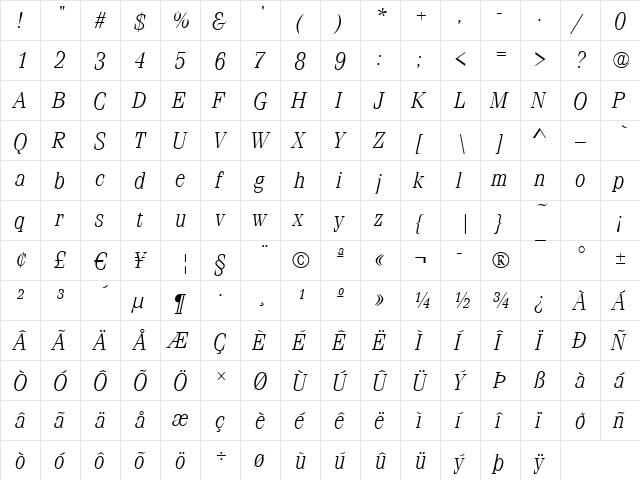 Ferrara-Light Italic  glyph index