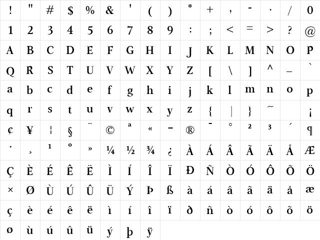 Omnibus SemiBold Regular  glyph index