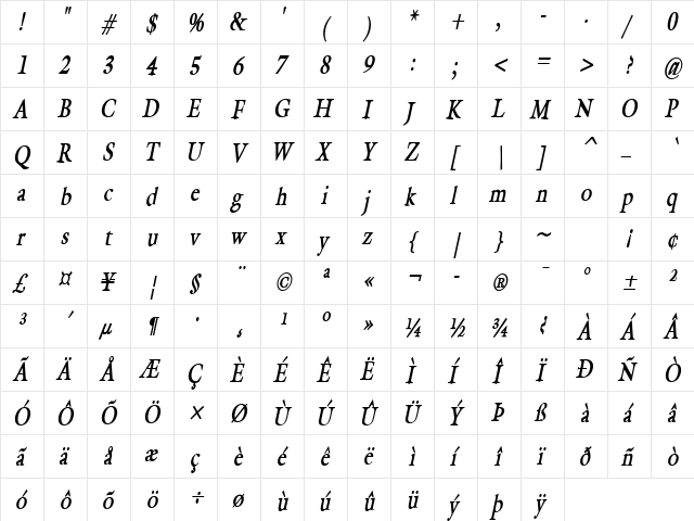 Galant-Condensed Bold Italic  glyph index