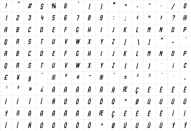 Kenga Kaya Italic  glyph index