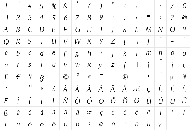 BruceBecker-ExtraLight Italic  glyph index