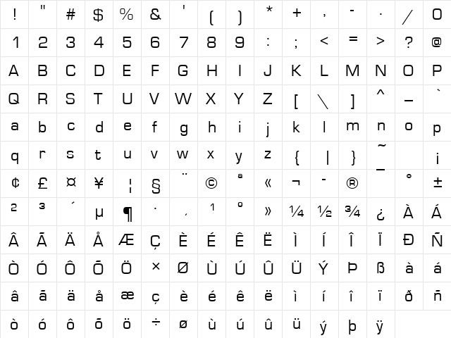 EurostileT Regular  glyph index