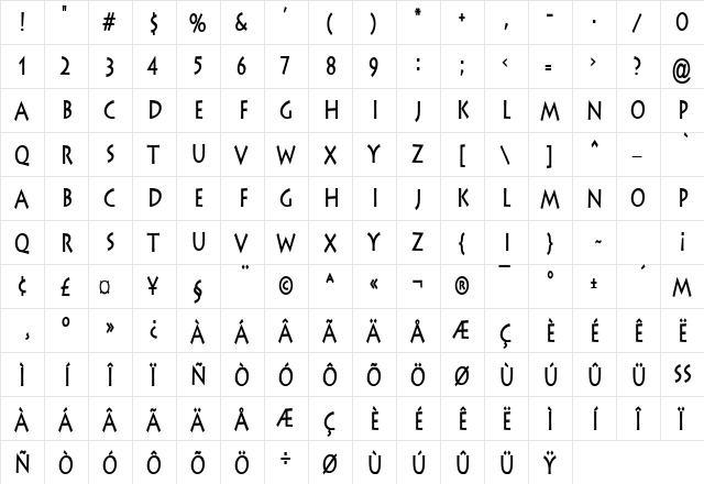 Liste Thin Bold  glyph index