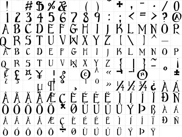 Bruce Regular  glyph index