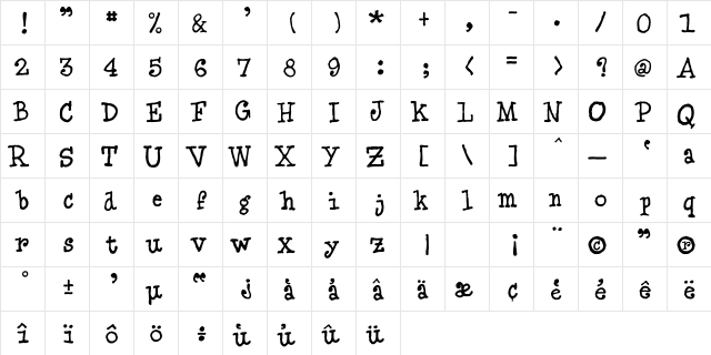 BlueType Regular  glyph index