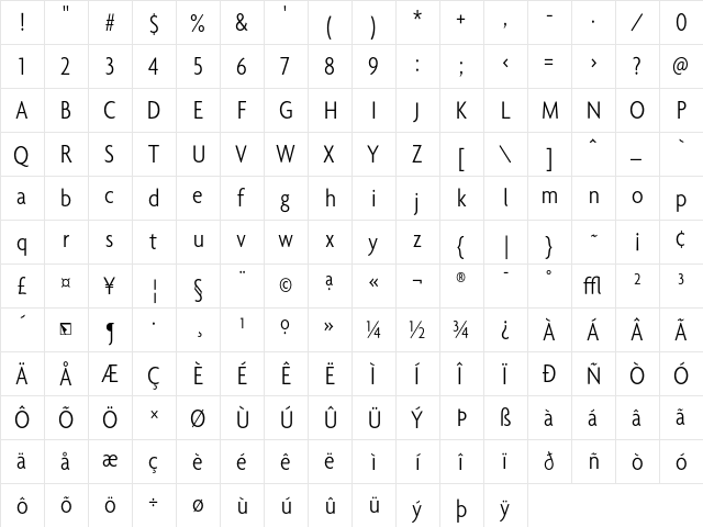 Agenda LightCondensed  glyph index