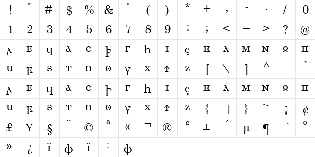 Gothic Book Regular  glyph index